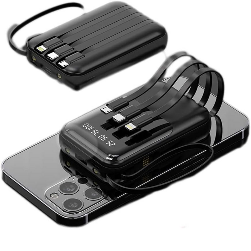 Power Bank Portátil 10000mAh + 3 Cables | Carga Rápida 2.1A | Luz LED | USB-C, Micro USB y Apple