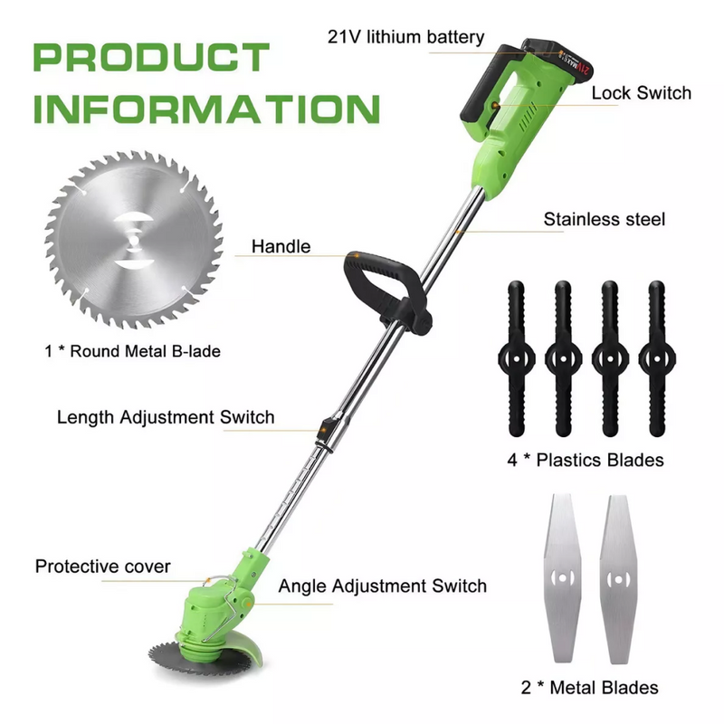 Podadora Cortadora de Césped Inalámbrica 98V + 2 Baterías | Motor Sin Escobillas | Mango Telescópico 80cm