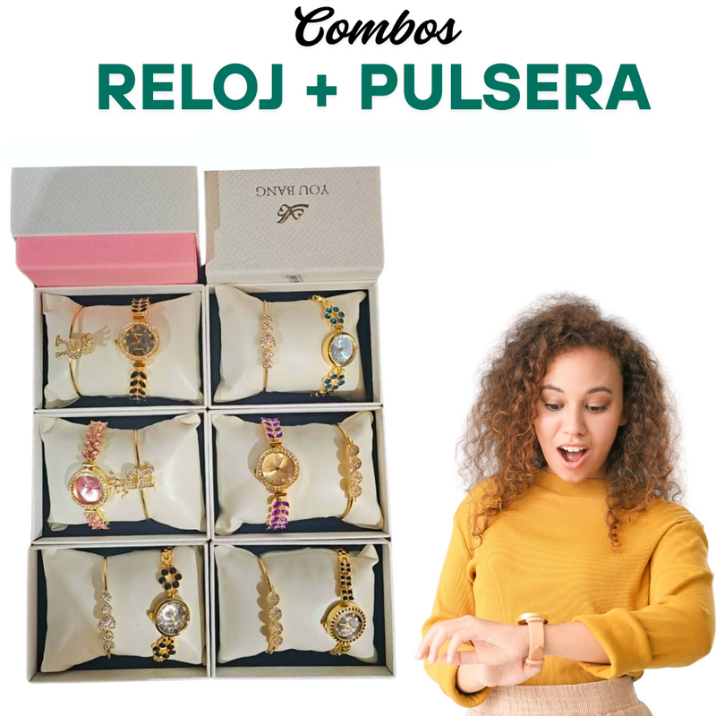 Set Reloj de Lujo Dama + Pulsera | Acero Inoxidable | Movimiento Swiss Quartz