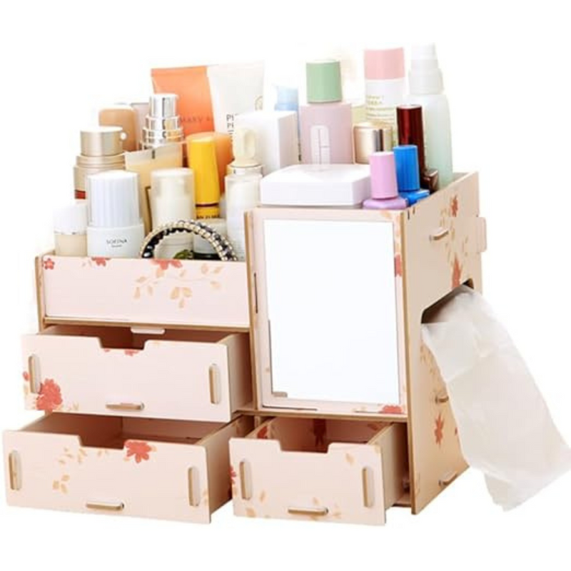 Organizador de Maquillaje 4 Cajones con Luz LED | Madera | Impermeable