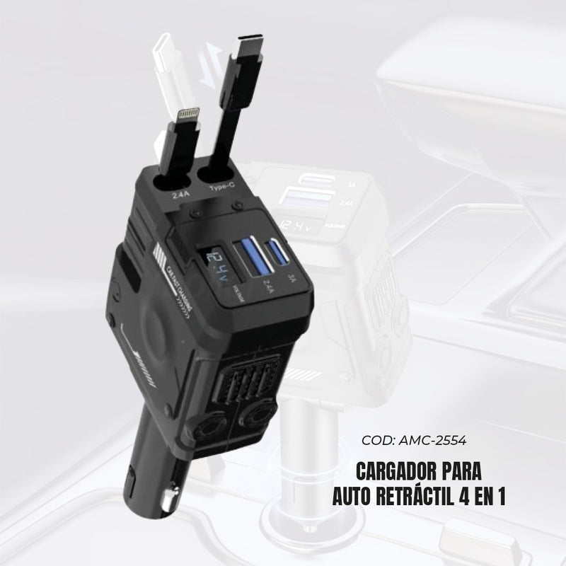Vehículos Cargador de Auto Retráctil 4 en 1 | Lightning + Tipo-C + USB de Tendeli- Ecuador en